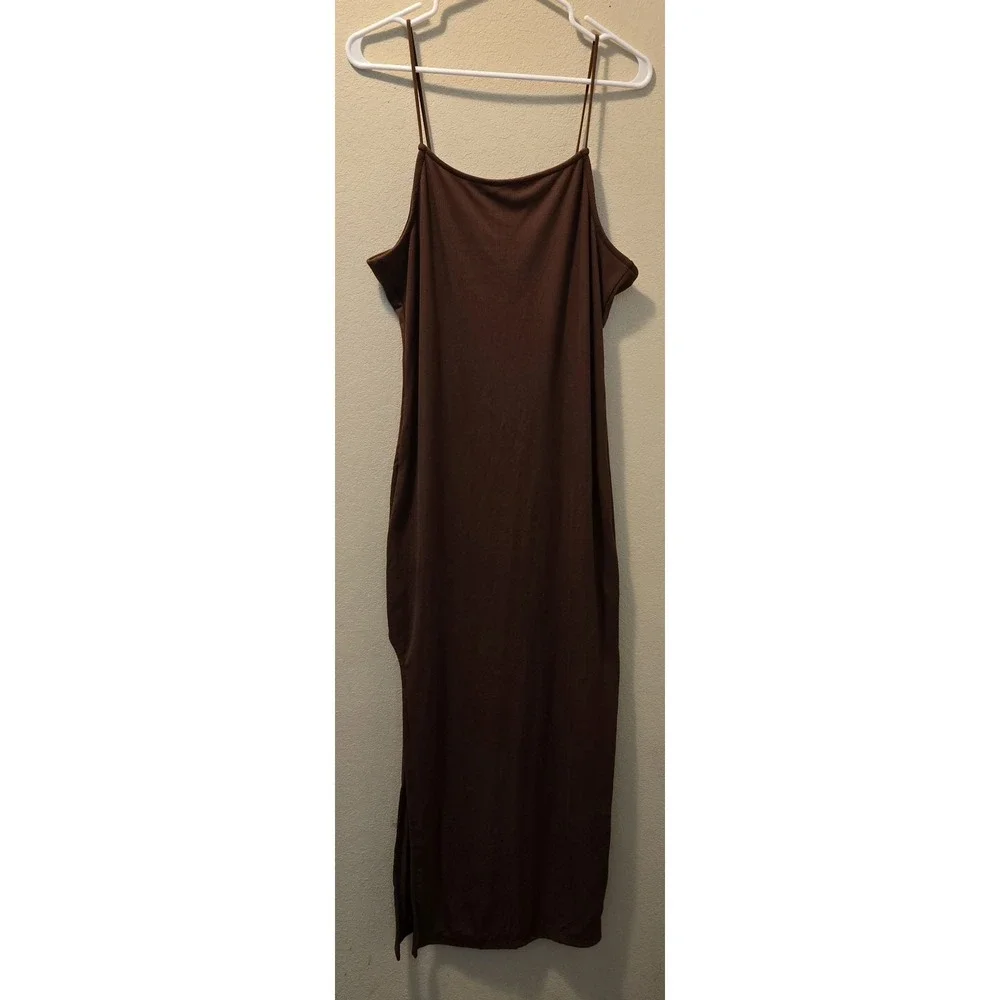 Forever‎ 21 Womens Ribbed Spaghetti Strap Brown Fitted Maxi Dress Size XL